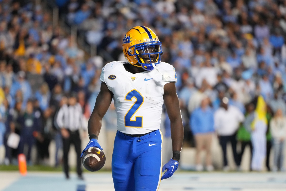 Oct 29, 2022; Chapel Hill, North Carolina, USA; Pittsburgh Panthers running back Israel Abanikanda (2) reacts after scoring a touchdown in the second quarter at Kenan Memorial Stadium. Mandatory Credit: Bob Donnan-USA TODAY Sports